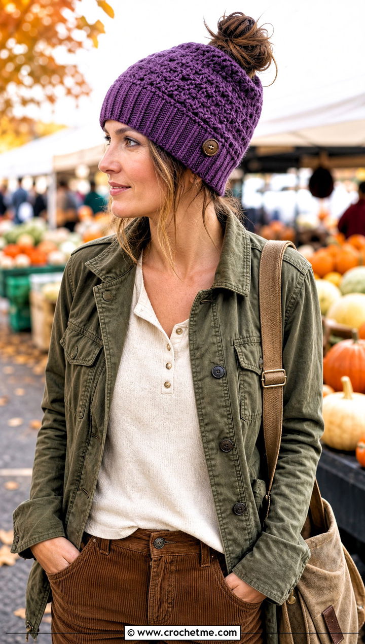 Button Tab Messy Bun Crochet Hat With Utility Jacket - 25 Easy Messy Bun Crochet Hat outfit ideas