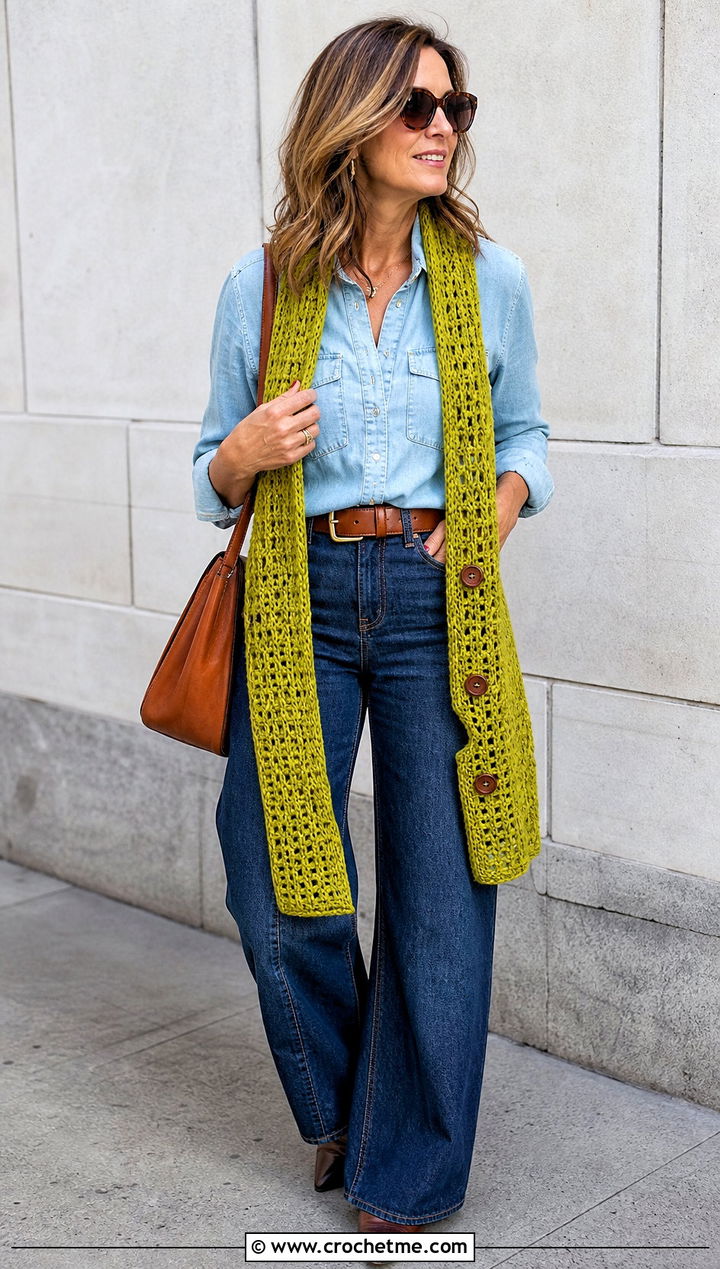 Button Through Crochet Scarf With Double Denim - 15 Button Crochet Scarf outfit ideas