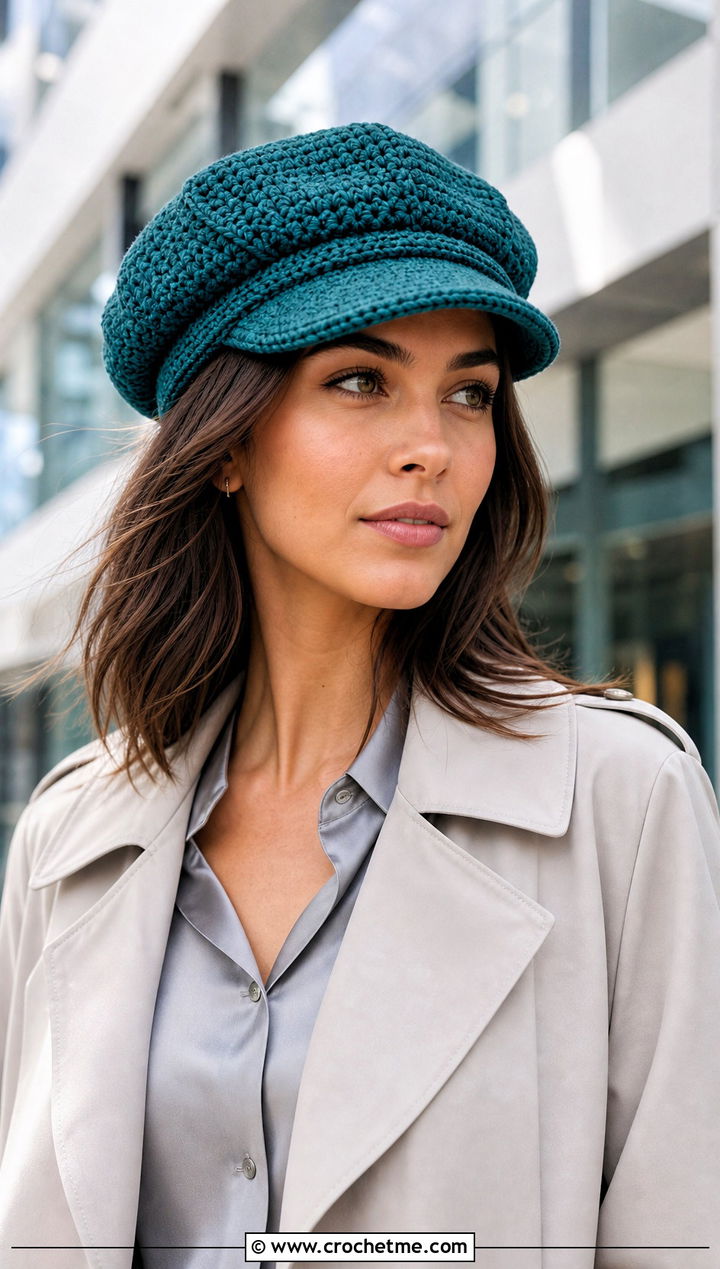 Button Top Baker Boy Crochet Hat With Trench Coat And Trousers - 15 Gatsby Crochet Hat outfit ideas