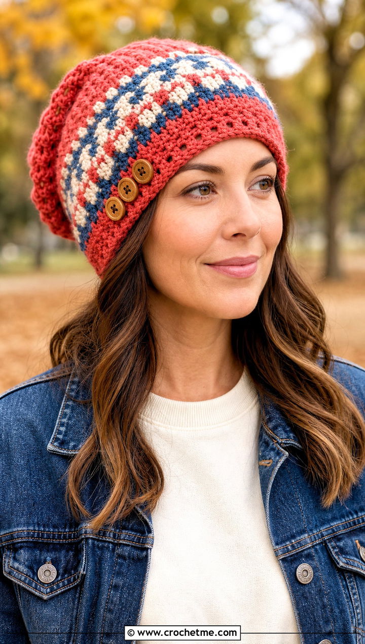 Button Trim Fair Isle Crochet Slouch Hat With Denim Jacket - 30 fair isle crochet hat outfit ideas