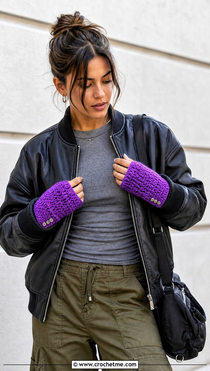 Button Trim Moss Stitch Fingerless Gloves With Leather Bomber - 15 Crochet Moss Stitch Fingerless Gloves outfit ideas