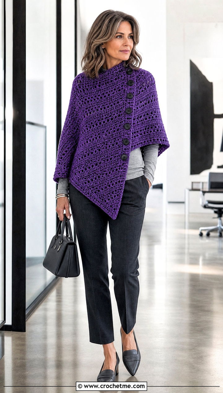 Button Trim Uptown Crochet Poncho With Tailored Trousers - 15 Uptown Crochet Poncho outfit ideas