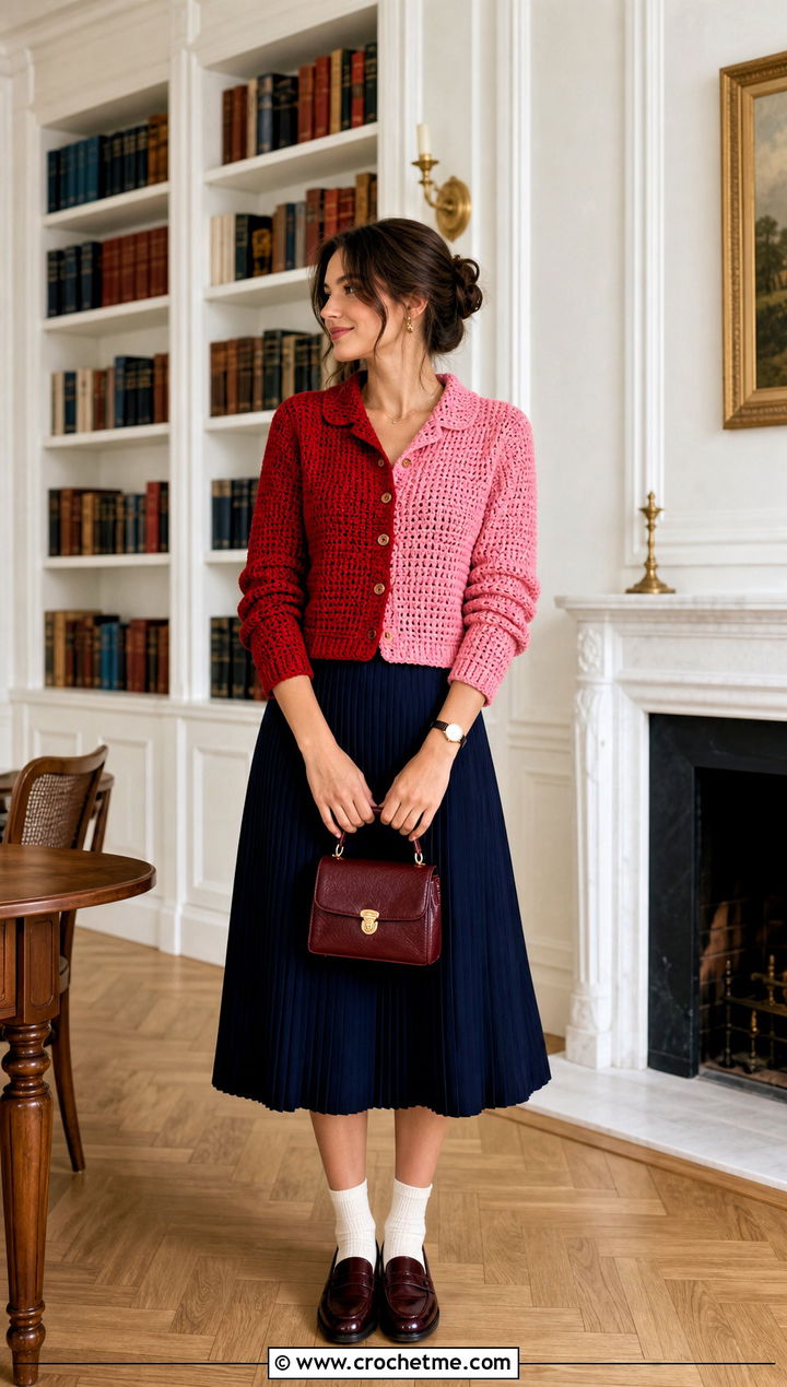 Button Up Half And Half Crochet Cardigan With Pleated Skirt - 20 Half And Half Crochet Cardigan outfit ideas
