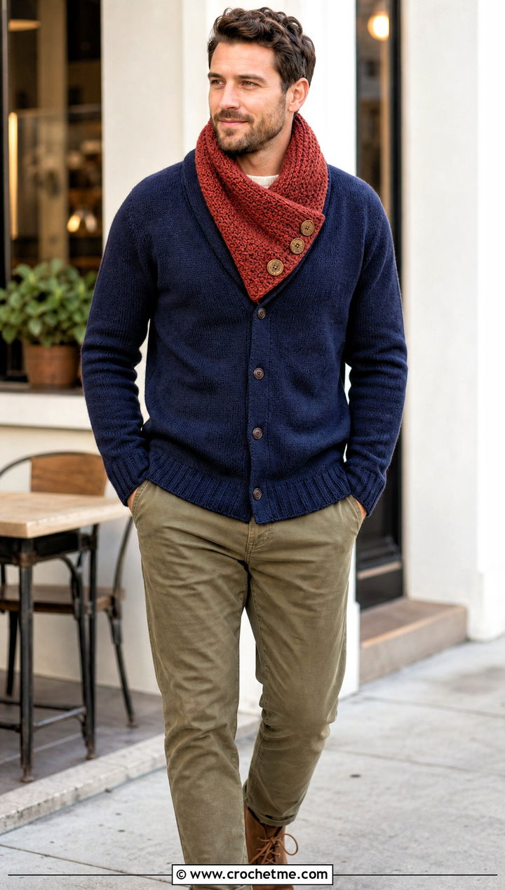 Button Wrap Crochet Cowl With Cardigan - 30 crochet cowl for men outfit ideas