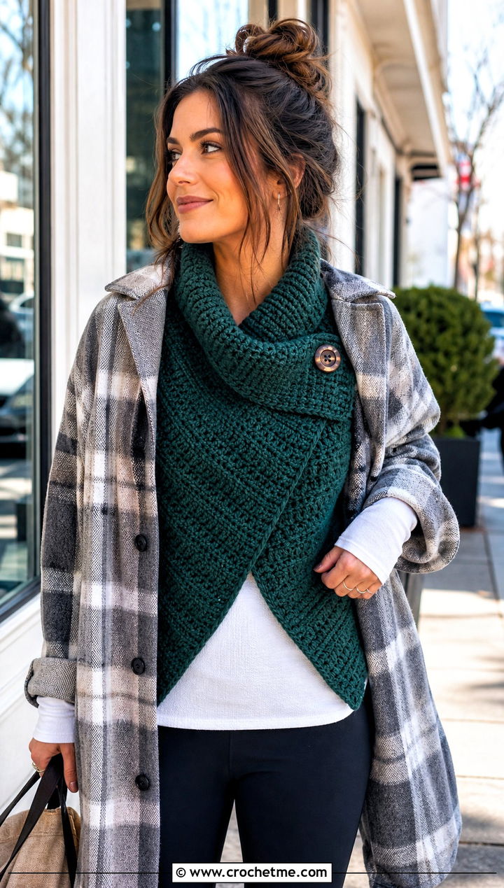 Button Wrap Ribbed Cowl With Shacket - 20 Crochet Ribbed Cowl outfit ideas