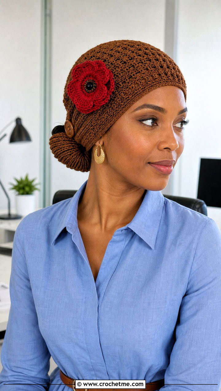 Buttoned Brown Crochet Poppy Headwrap With Shirt Dress - 15 brown crochet headband with flower outfit ideas