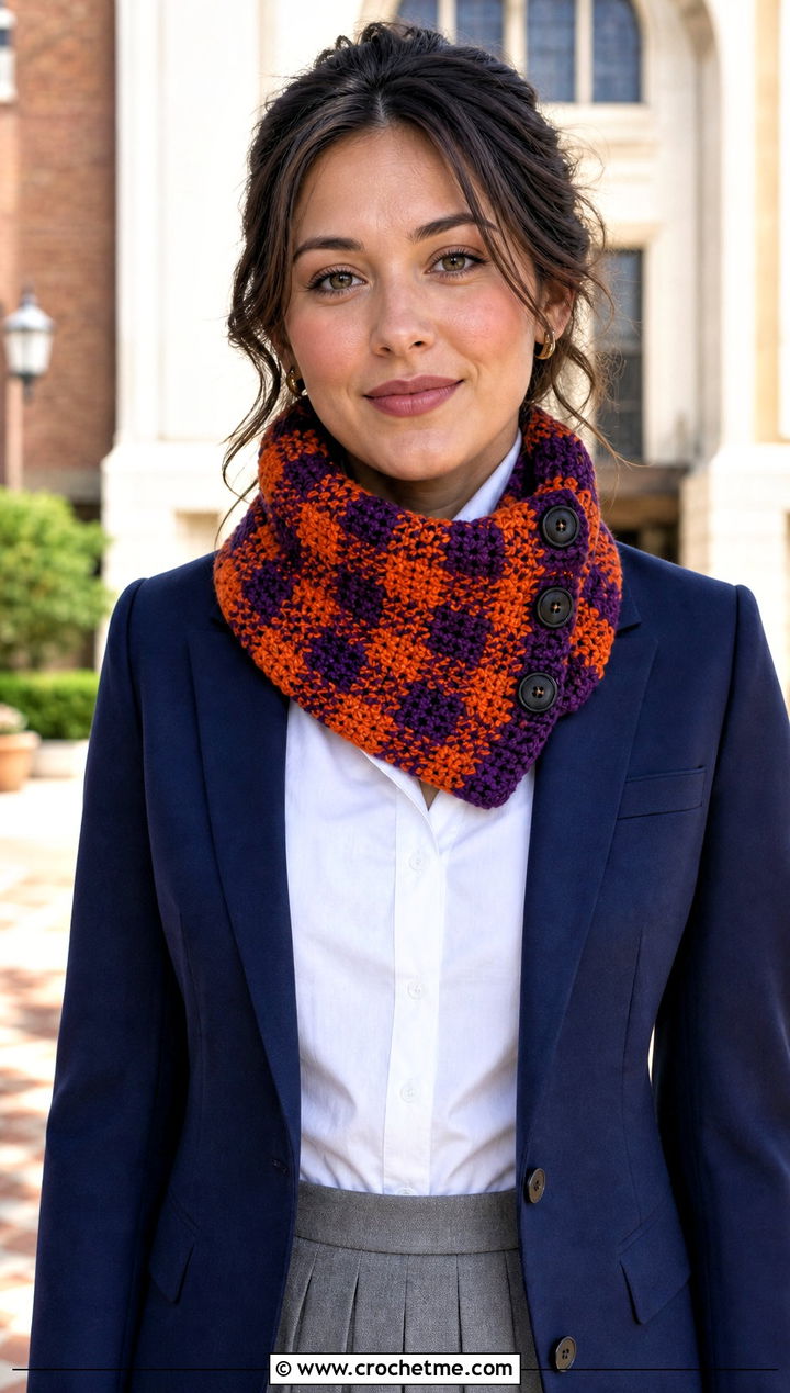 Buttoned Buffalo Plaid Crochet Neck Warmer With Blazer - 15 buffalo plaid crochet scarf outfit ideas