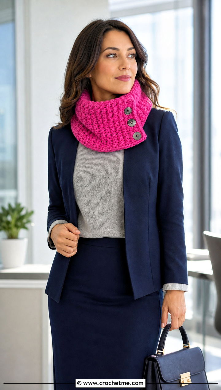 Buttoned Bulky Crochet Cowl With Blazer - 20 Bulky Crochet Cowl outfit ideas