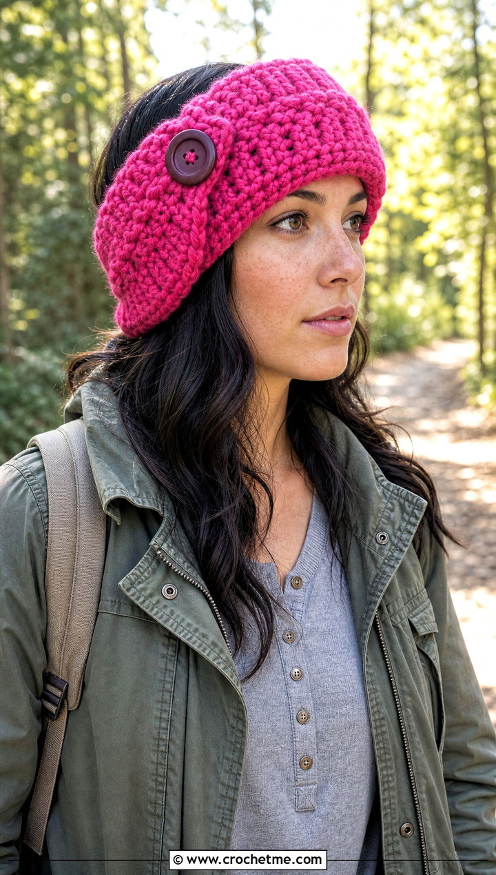 Buttoned Bulky Crochet Ear Warmer With Utility Jacket - 25 Bulky Crochet Ear Warmer outfit ideas