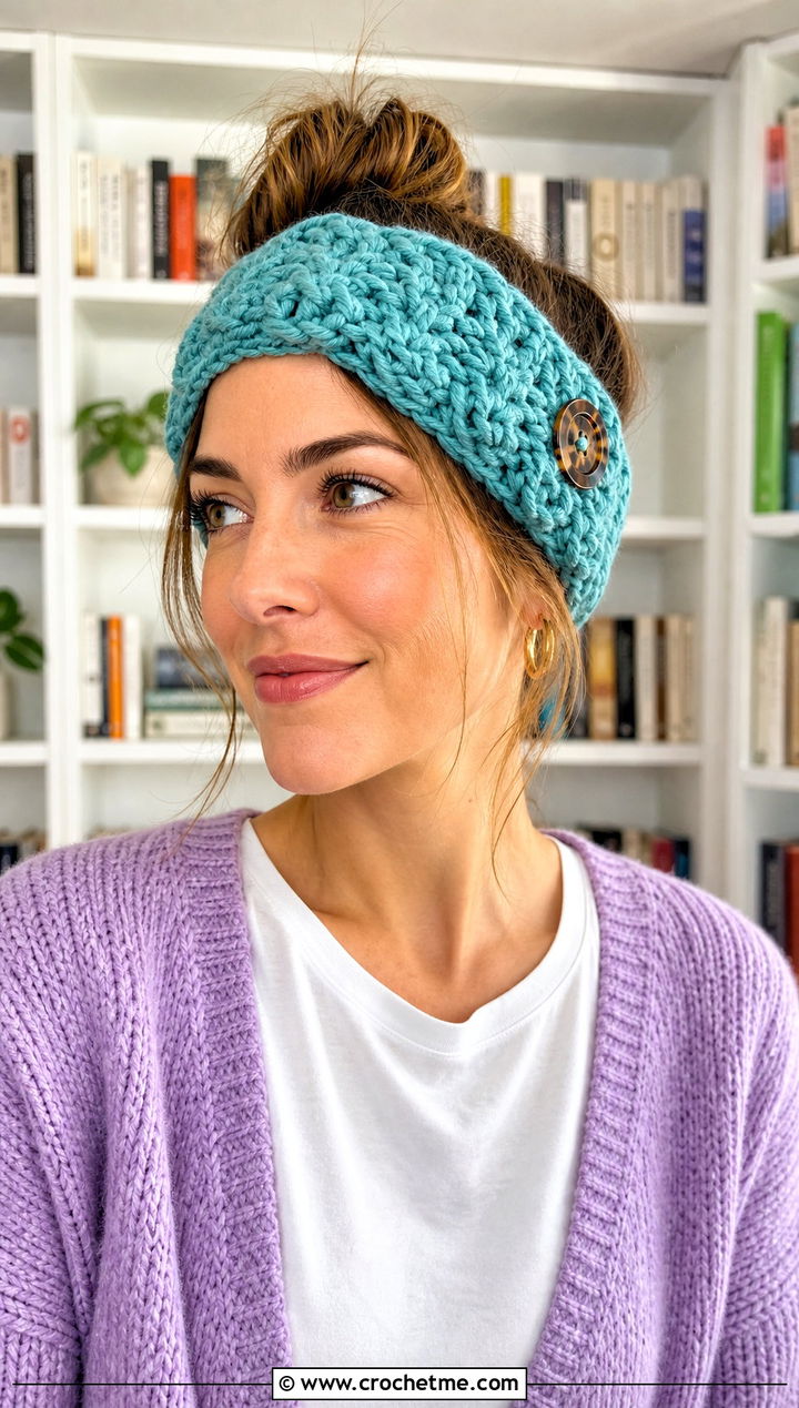 Buttoned Bulky Yarn Crochet Headband With Cardigan And Jeans - 25 bulky yarn crochet headband outfit ideas