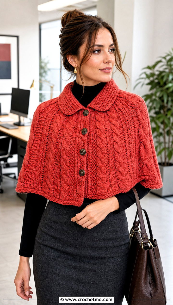 Buttoned Cable Capelet Shawl With Pencil Skirt - 15 Crochet Cable Shawl outfit ideas
