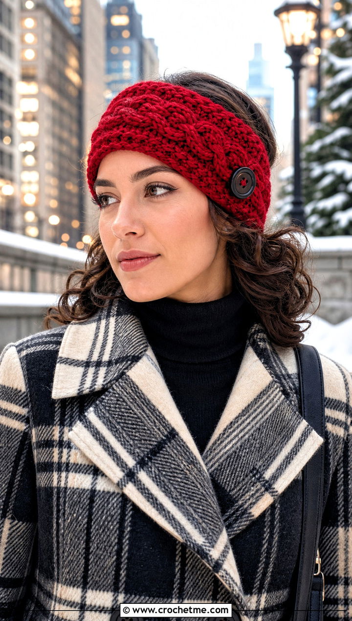 Buttoned Cable Ear Warmer With Plaid Coat - 25 crochet cable headband outfit ideas