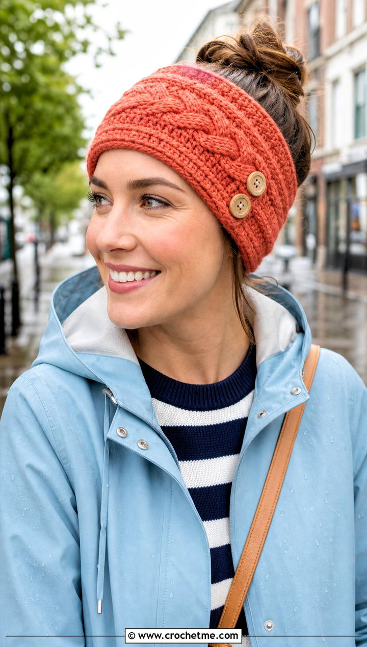 Buttoned Cable Earwarmer With Raincoat and Straight Jeans - 15 easy crochet cable headband earwarmer outfit ideas