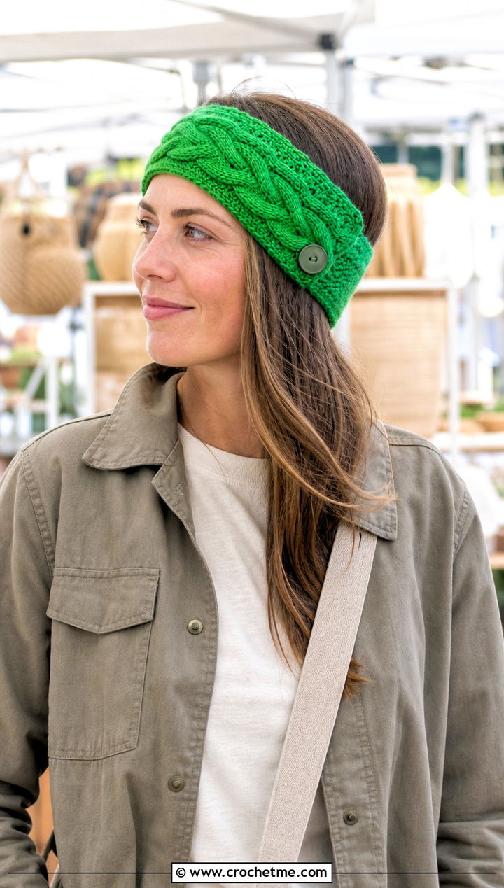 Buttoned Cable Headband With Utility Jacket - 15 cable crochet headband outfit ideas