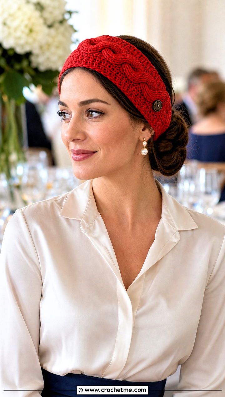 Buttoned Cable Stitch Crochet Headband With Satin Blouse - 15 Cable Stitch Crochet Headband outfit ideas