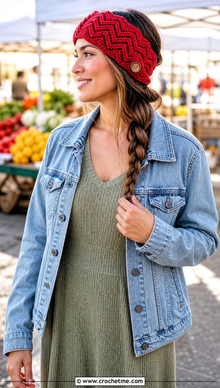Buttoned Chevron Headband With Denim Jacket And Midi Dress - 15 Crochet Chevron Headband outfit ideas
