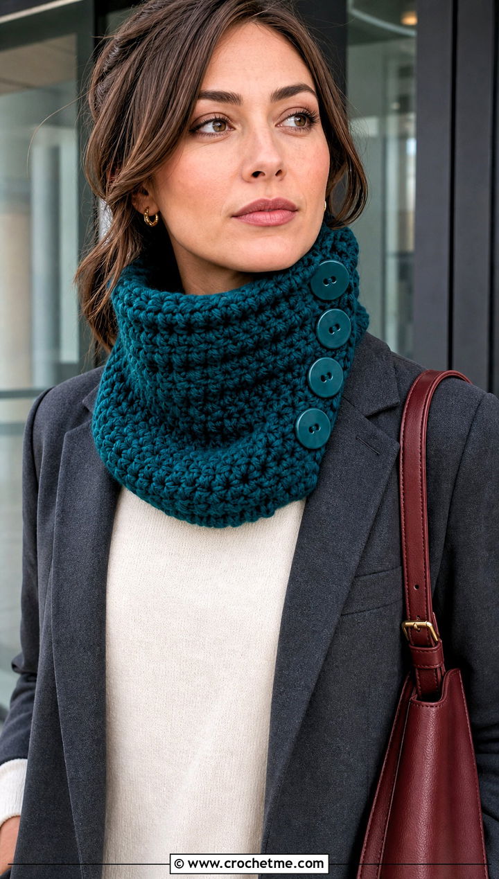 Buttoned Chunky Yarn Crochet Cowl With Blazer And Jeans - 25 Chunky Yarn Crochet Cowl outfit ideas