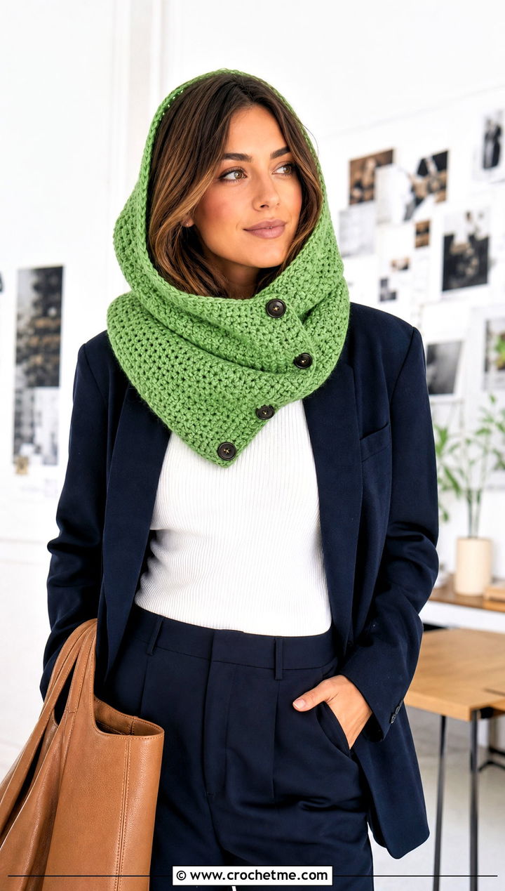 Buttoned Convertible Crochet Hooded Infinity Scarf With Blazer - 15 crochet infinity scarf with hood outfit ideas