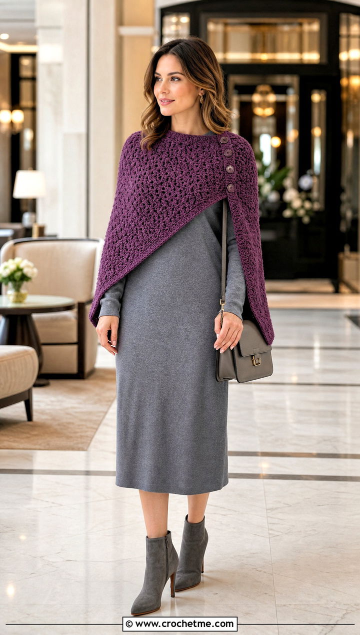 Buttoned Convertible Crochet Wrap With Midi Dress - 30 crochet shawl wrap outfit ideas