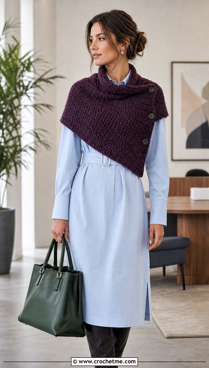 Buttoned Convertible Crossbody Crochet Cowl With Shirt Dress - 15 Crossbody Crochet Cowl outfit ideas