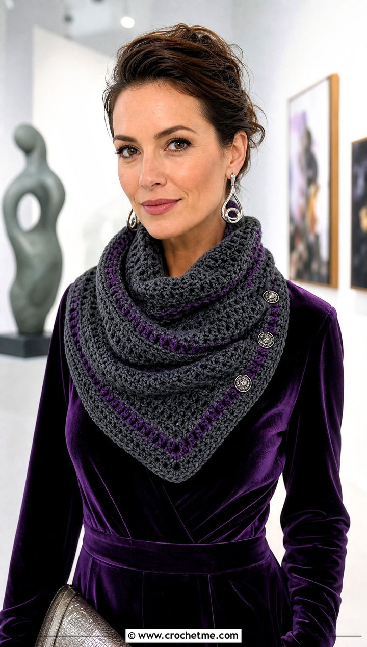 Buttoned Cowl Chunky Gray Crochet Scarf With Velvet Jumpsuit - 15 Chunky Gray Crochet Scarf outfit ideas