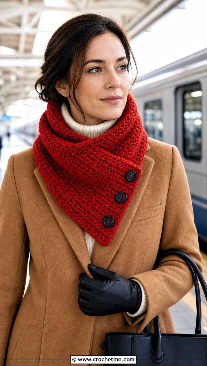 Buttoned Cowl Moss Stitch Crochet Scarf With Tailored Coat - 25 Moss Stitch Crochet Scarf outfit ideas