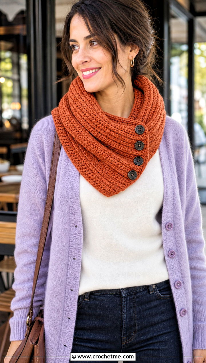 Buttoned Cowl Neck Crochet Scarf With Cardigan - 25 Cowl Neck Crochet Scarf outfit ideas