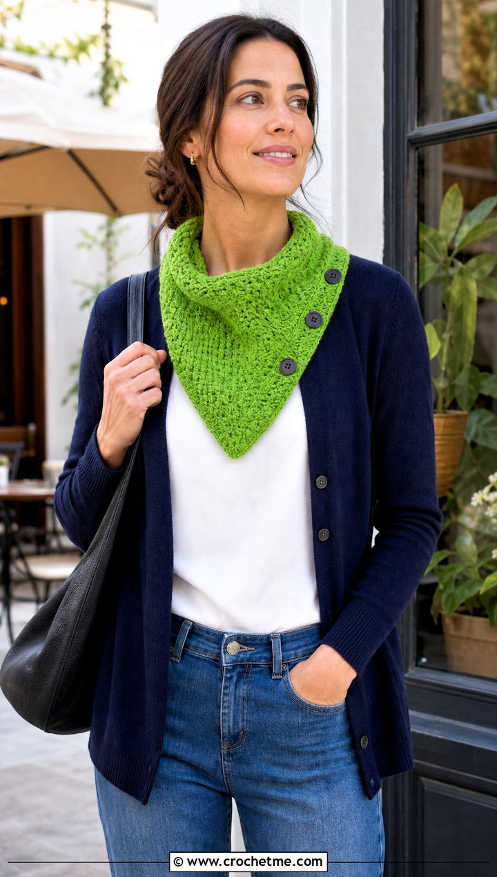 Buttoned Crochet Bandana Cowl With Cardigan - 30 crochet bandana cowl outfit ideas