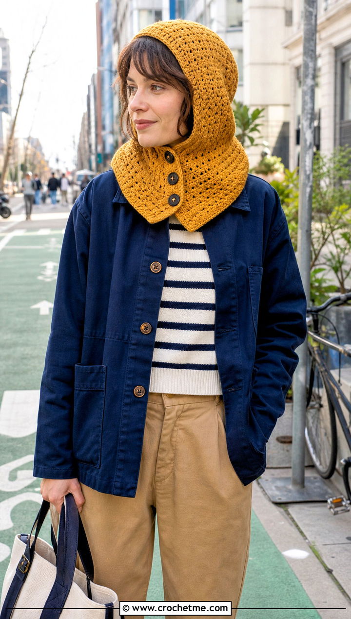Buttoned Crochet Cap Scarf With Chore Coat - 25 Crochet Cap Scarf outfit ideas