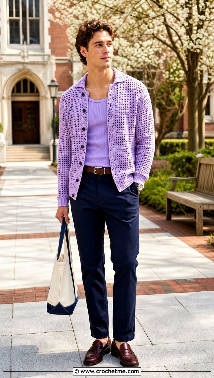 Buttoned Crochet Cardigan Top With Chinos - 35 Mens Crochet Top outfit ideas