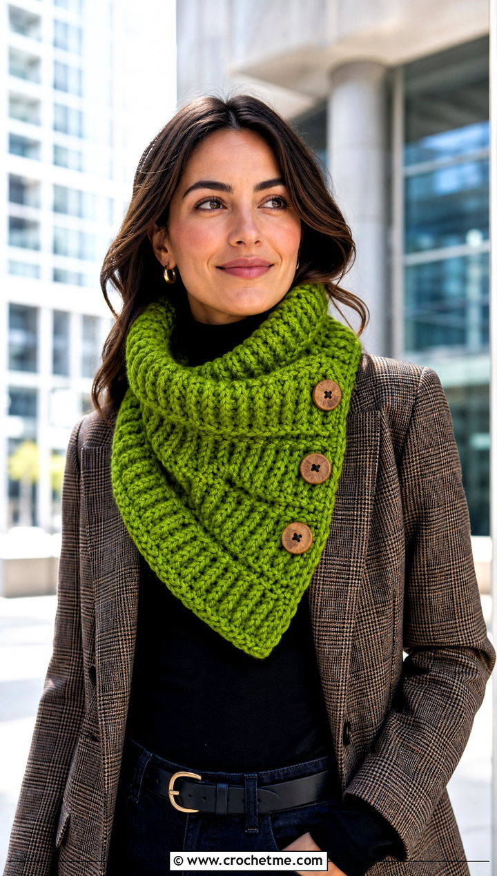 Buttoned Crochet Chunky Cowl With Plaid Blazer - 30 crochet chunky cowl outfit ideas