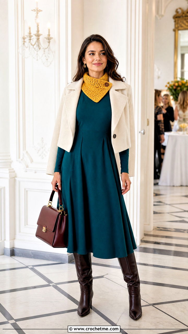 Buttoned Crochet Collar Scarf With Midi Dress - 35 beginner crochet scarf outfit ideas
