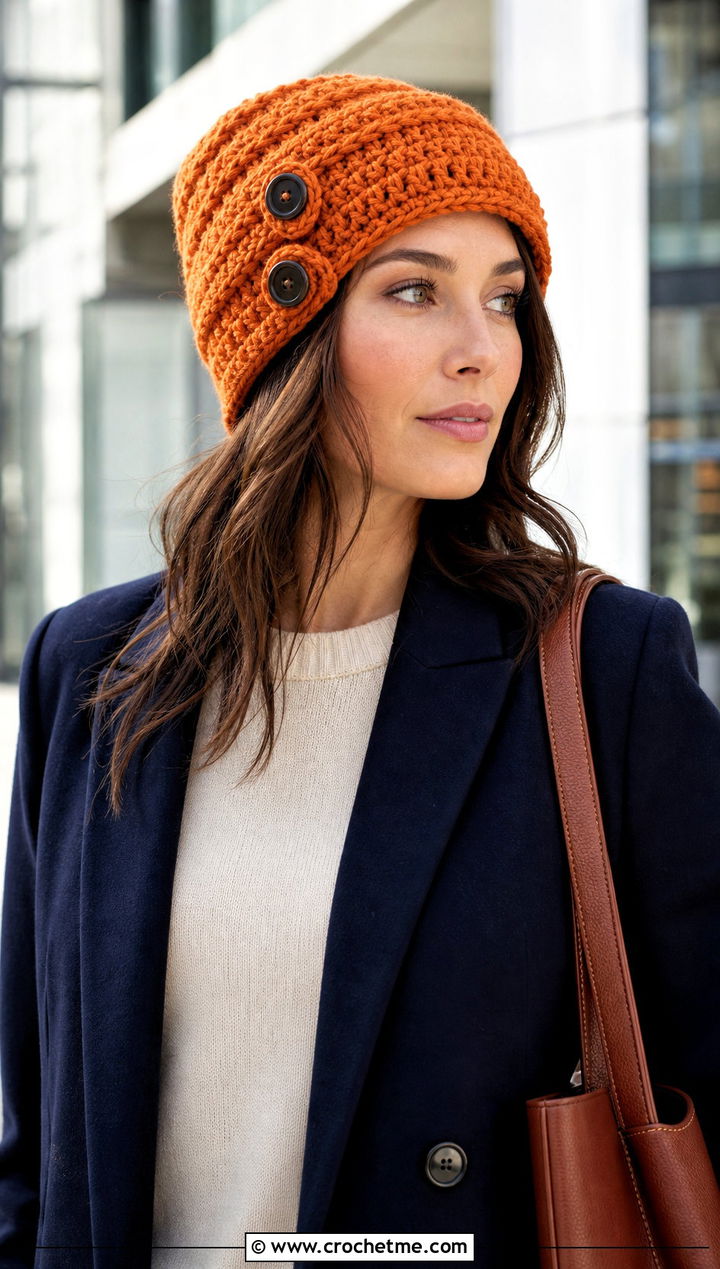 Buttoned Crochet Cowl Hat With Blazer - 25 crochet cowl hat outfit ideas