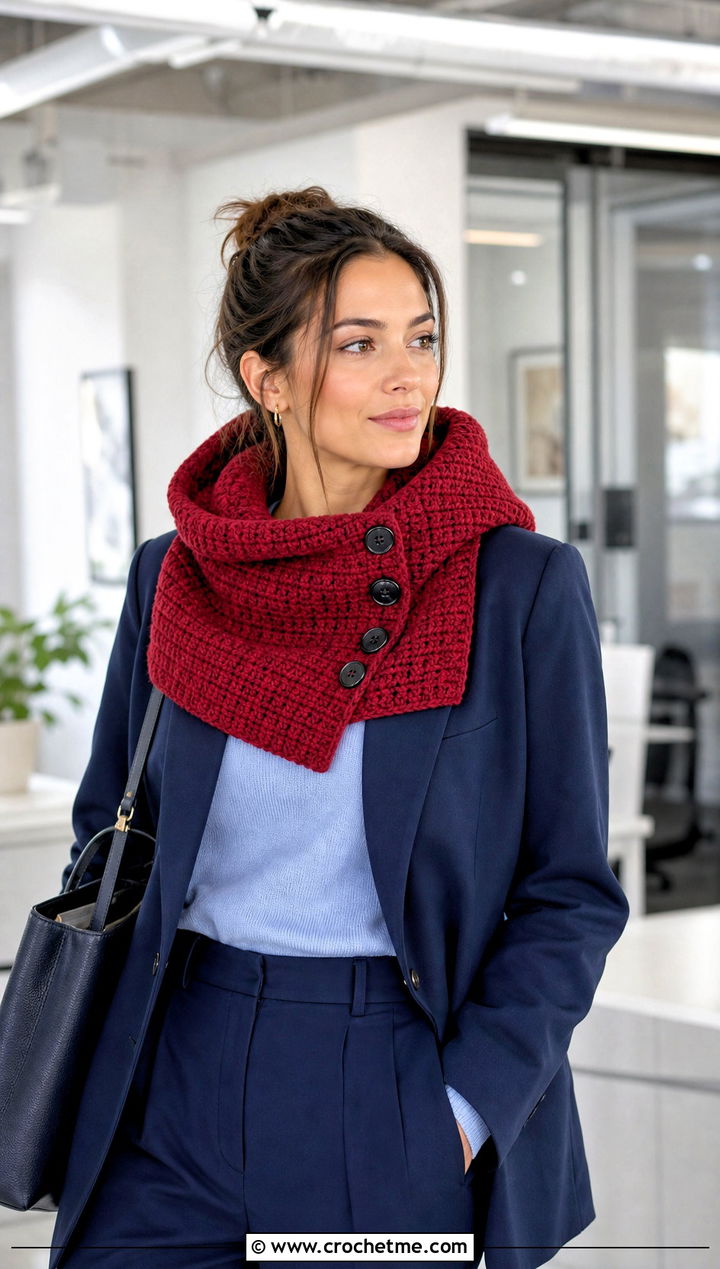 Buttoned Crochet Cowl Hood With Blazer - 25 crochet cowl hood outfit ideas