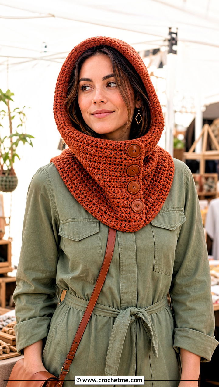 Buttoned Crochet Cowl Hood With Utility Jumpsuit - 25 crochet hood hat outfit ideas