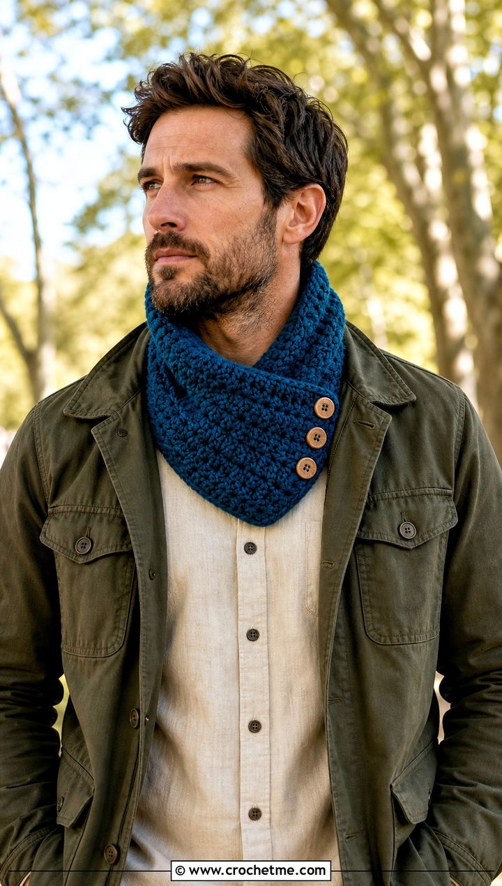 Buttoned Crochet Cowl Scarf With Field Jacket - 30 easy crochet scarf men outfit ideas