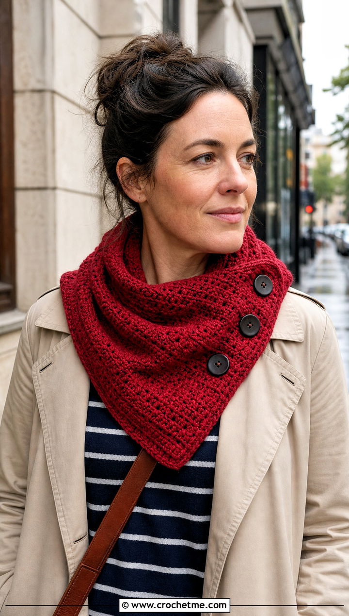 Buttoned Crochet Cowl Shawl With Trench Coat - 20 crochet cowl shawl outfit ideas