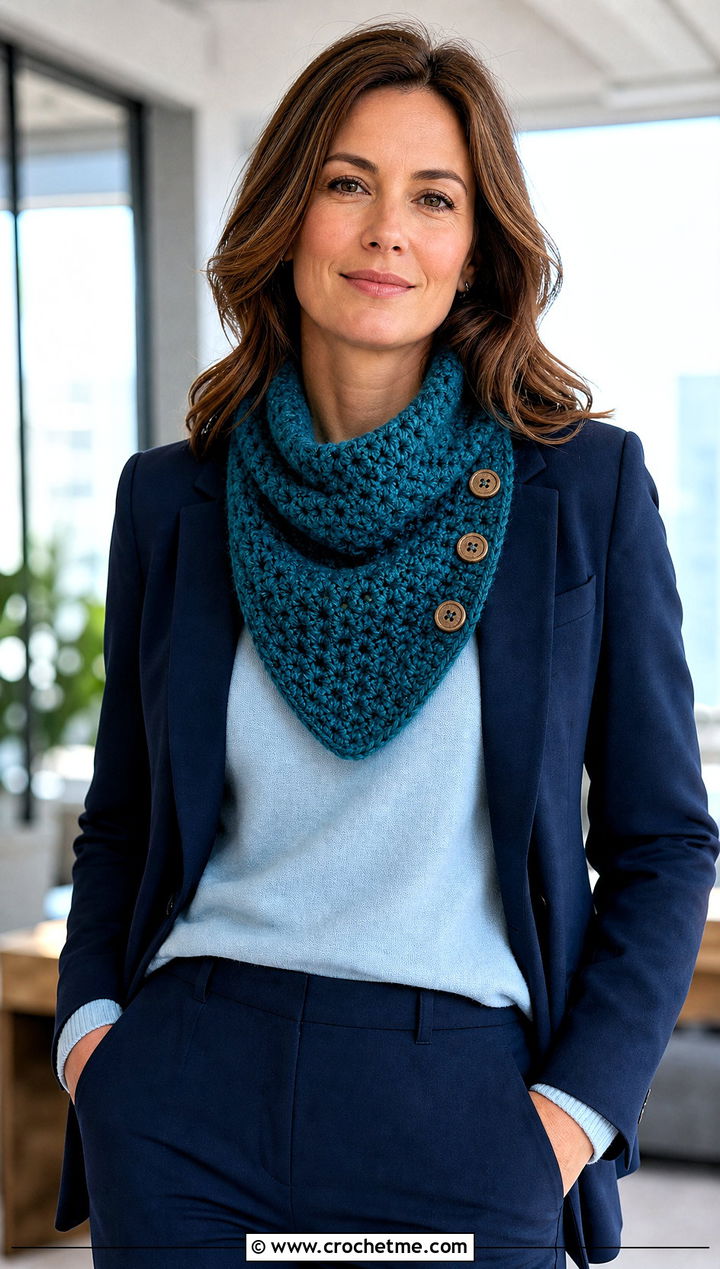 Buttoned Crochet Cowl With Blazer And Tailored Trousers - 35 crochet neck warmer cowls outfit ideas