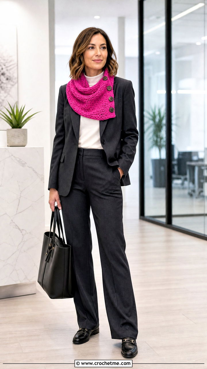 Buttoned Crochet Cowl With Blazer And Trousers - 35 crochet cowls outfit ideas