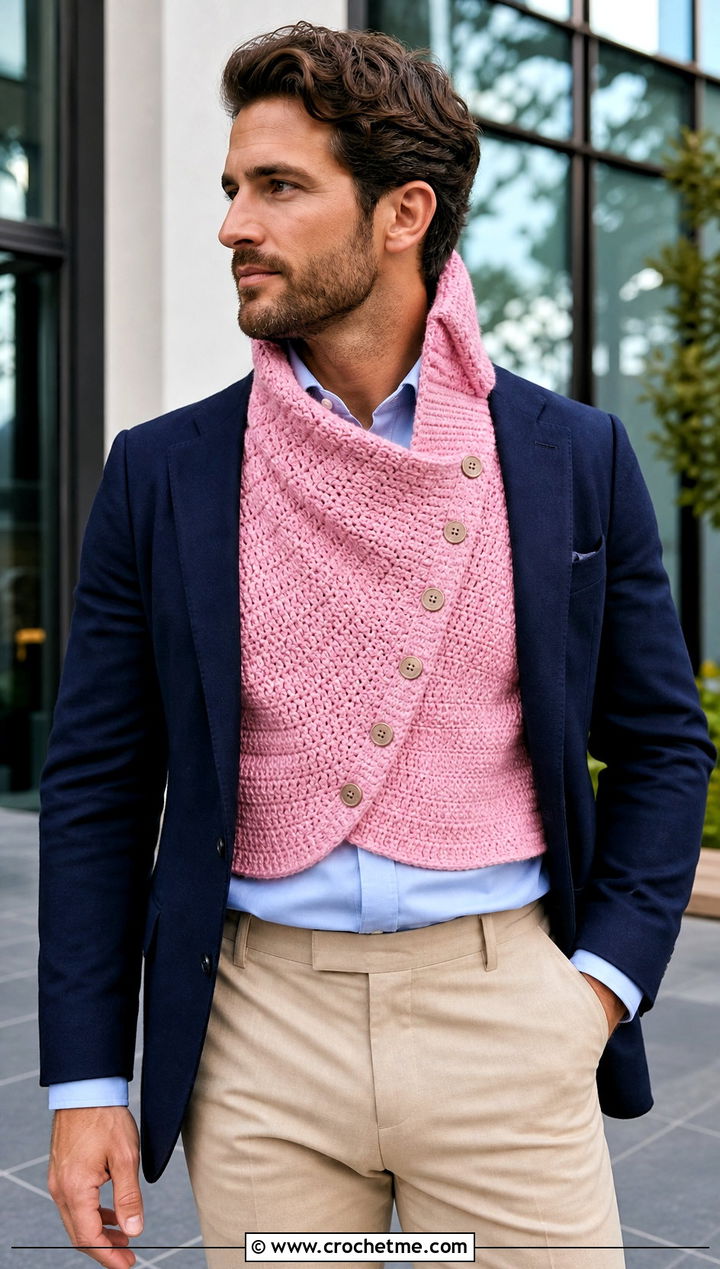Buttoned Crochet Cowl With Blazer - 30 crochet cowl for men outfit ideas