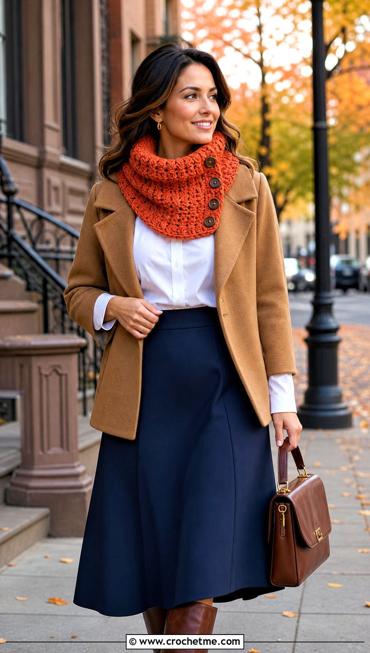 Buttoned Crochet Cowl With Blouse And Midi Skirt - 25 cowl crochet scarf outfit ideas