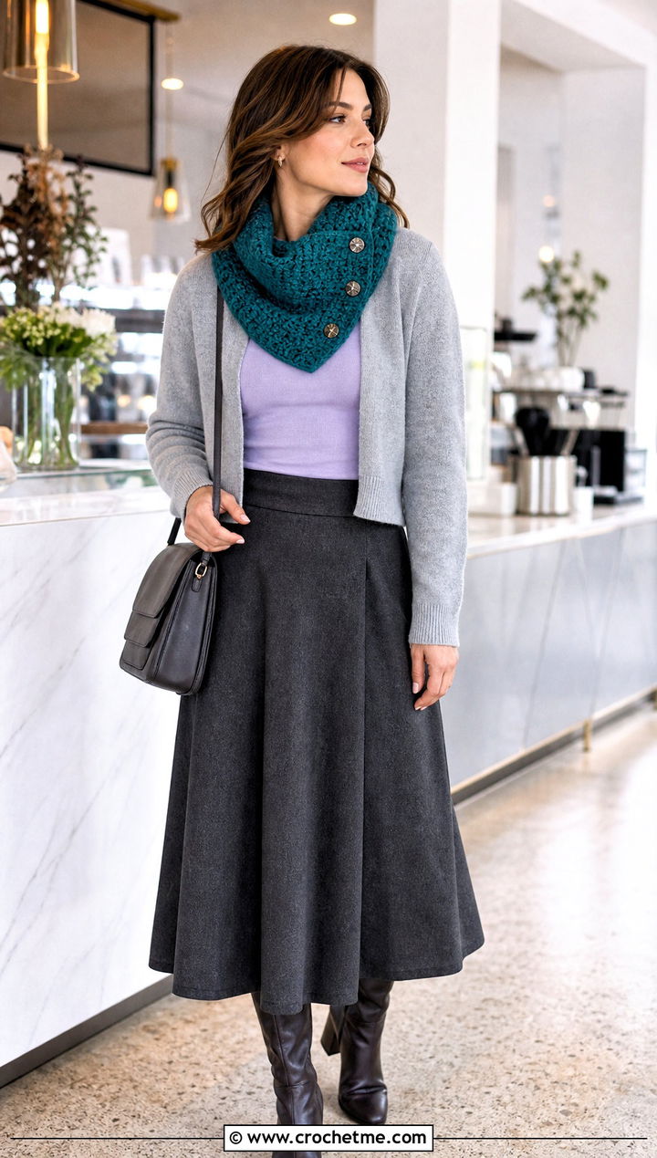 Buttoned Crochet Cowl With Cardigan And Midi Skirt - 15 Crochet For Cowl Scarf outfit ideas