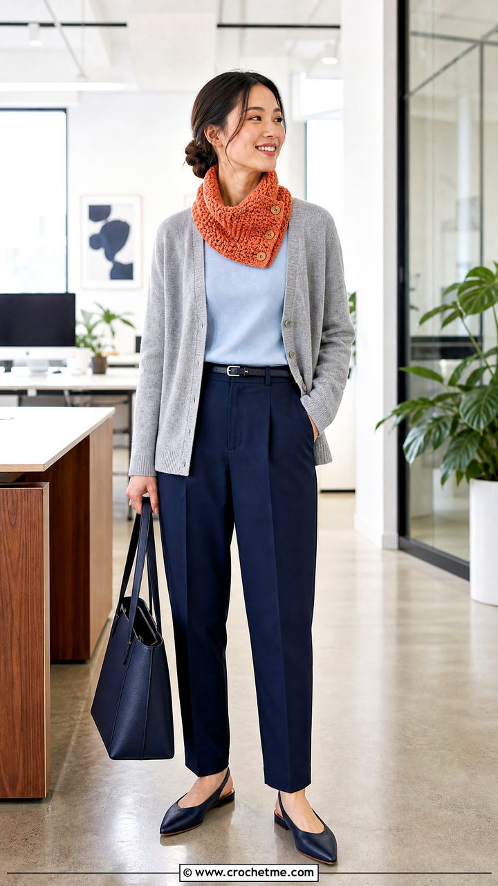 Buttoned Crochet Cowl With Cardigan And Trousers - 35 crochet cowl outfit ideas