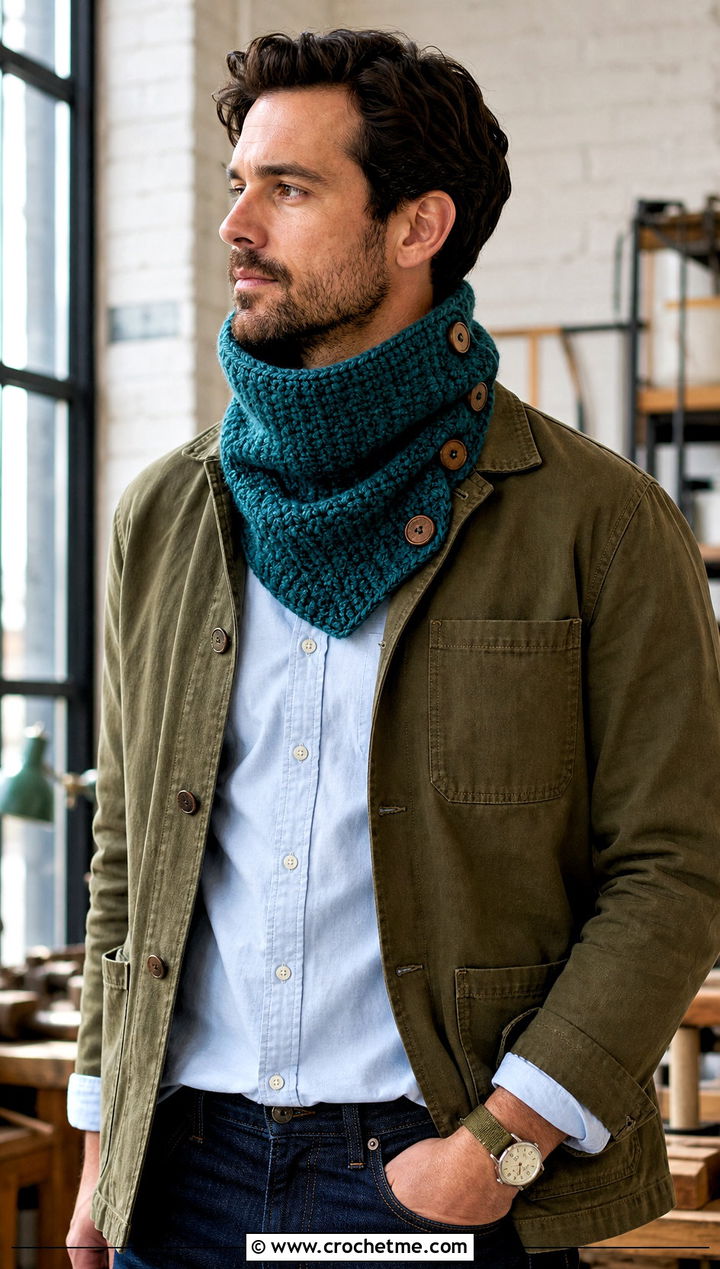 Buttoned Crochet Cowl With Chore Jacket - 25 Men Crochet Cowl outfit ideas