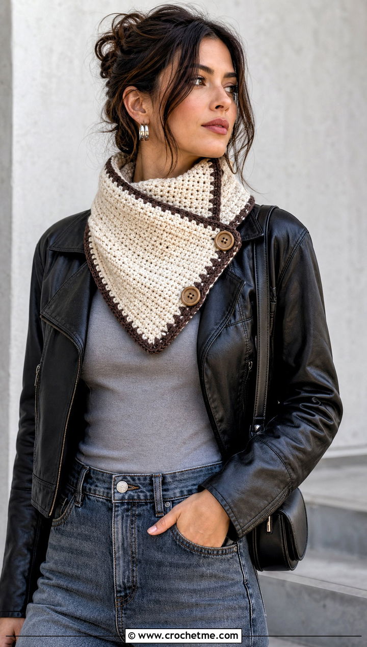 Buttoned Crochet Cowl With Leather Jacket And Jeans - 15 brown and white crochet cowl outfit ideas