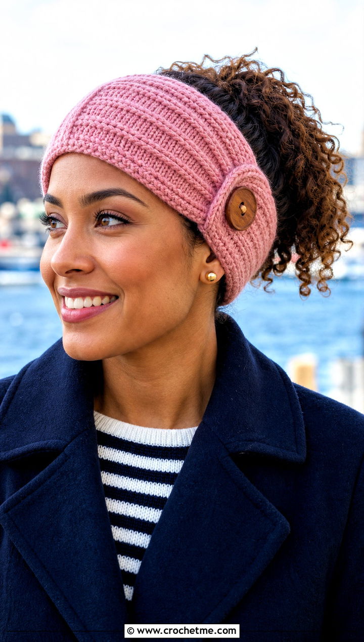 Buttoned Crochet Ear Headband With Peacoat And Wide Leg Jeans - 30 crochet ear headband outfit ideas