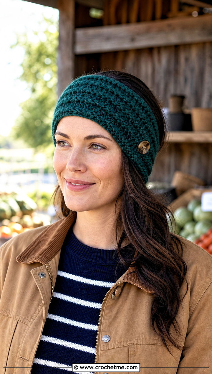 Buttoned Crochet Ear Warmer With Barn Jacket And Straight Jeans - 15 Easy Crochet Headband Ear Warmers outfit ideas