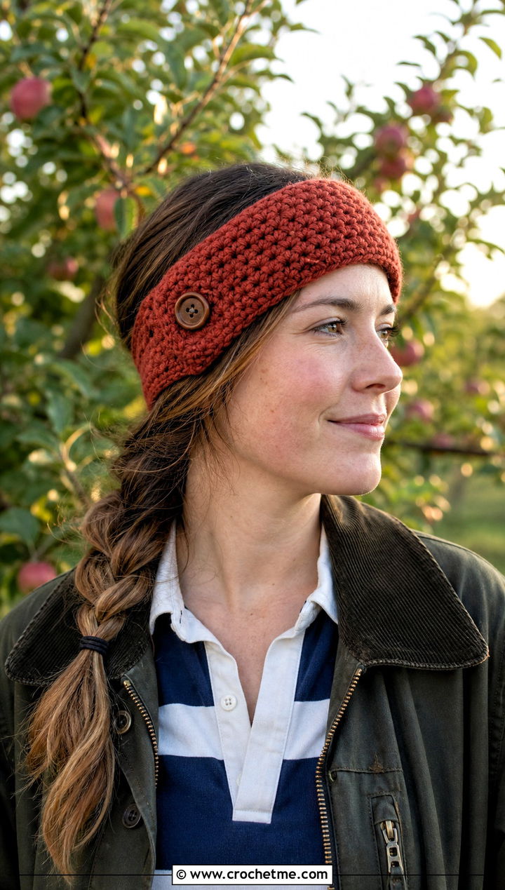 Buttoned Crochet Ear Warmer With Barn Jacket - 30 crochet fall headband outfit ideas
