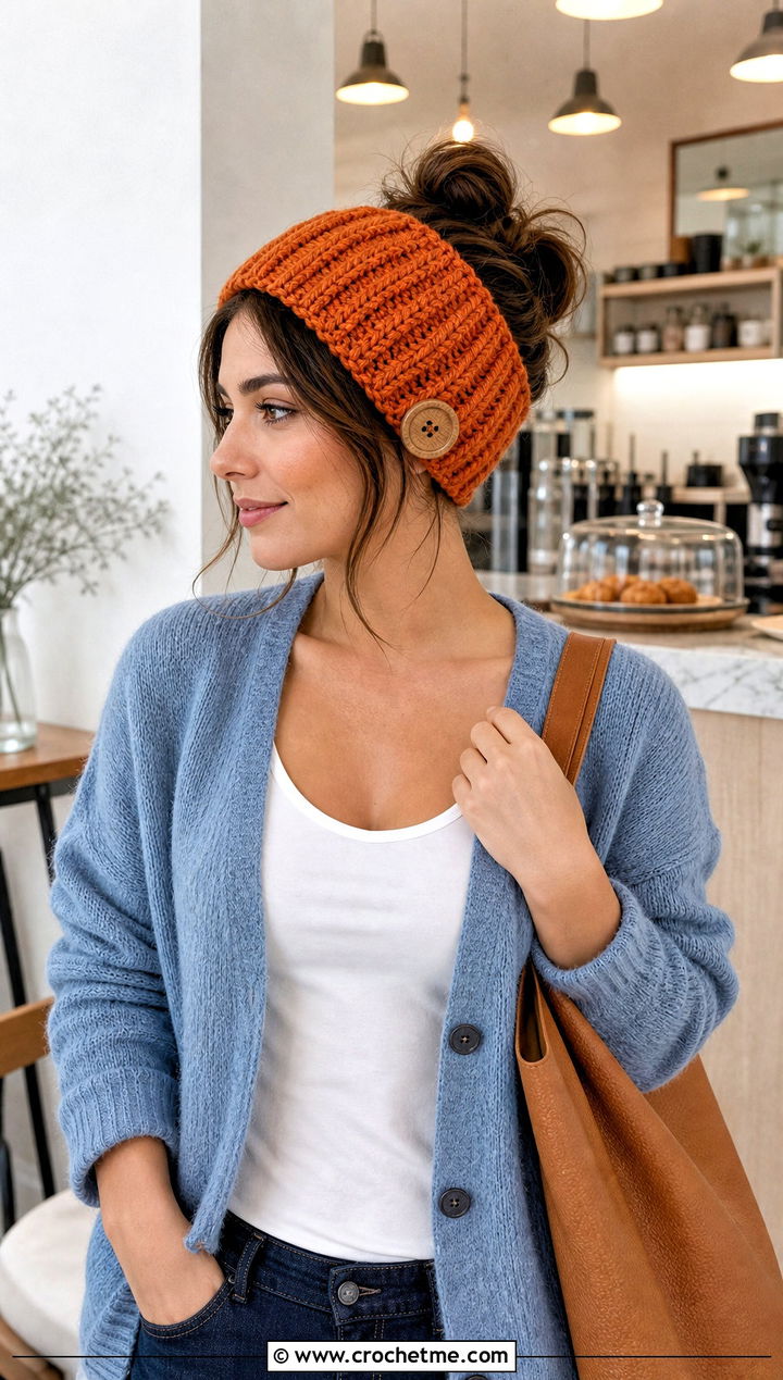 Buttoned Crochet Ear Warmer With Cardigan And Jeans - 25 Quick Crochet Ear Warmer outfit ideas