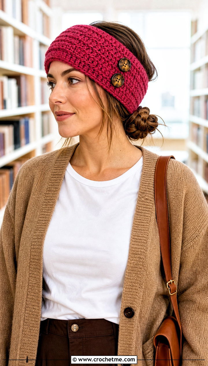 Buttoned Crochet Ear Warmer With Cardigan And Trousers - 15 Quick And Easy Crochet Ear Warmers outfit ideas